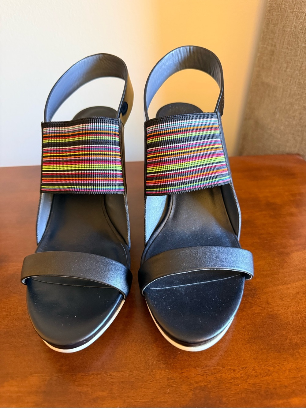 United Nude Black Wedge Sandals with Multicolor Striped Strap